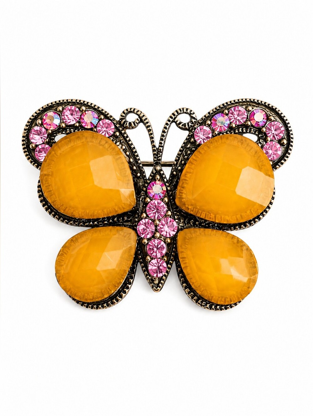 Vintage Butterfly Brooch with Gold Faceted Stones & Pink Rhinestones